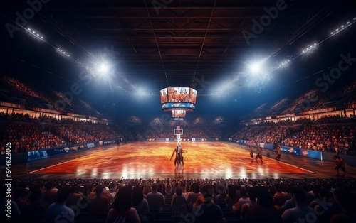 Basketball court with people fan. Sport arena. Photoreal 3d render background