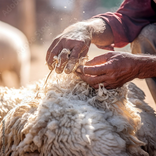 Close up of a sheep being sheared by a farmer at the farm. Men's hands shear sheep's wool. Seasonal sheep shearing. Farmer's hands close up.