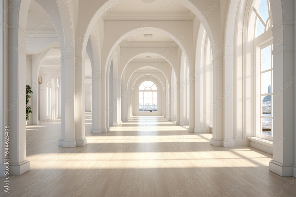 A symphony of light and shadows dance around the grandeur of the room, inviting the viewer to appreciate its stunning architecture, featuring elegant arched windows, impressive columns, and ornate mo