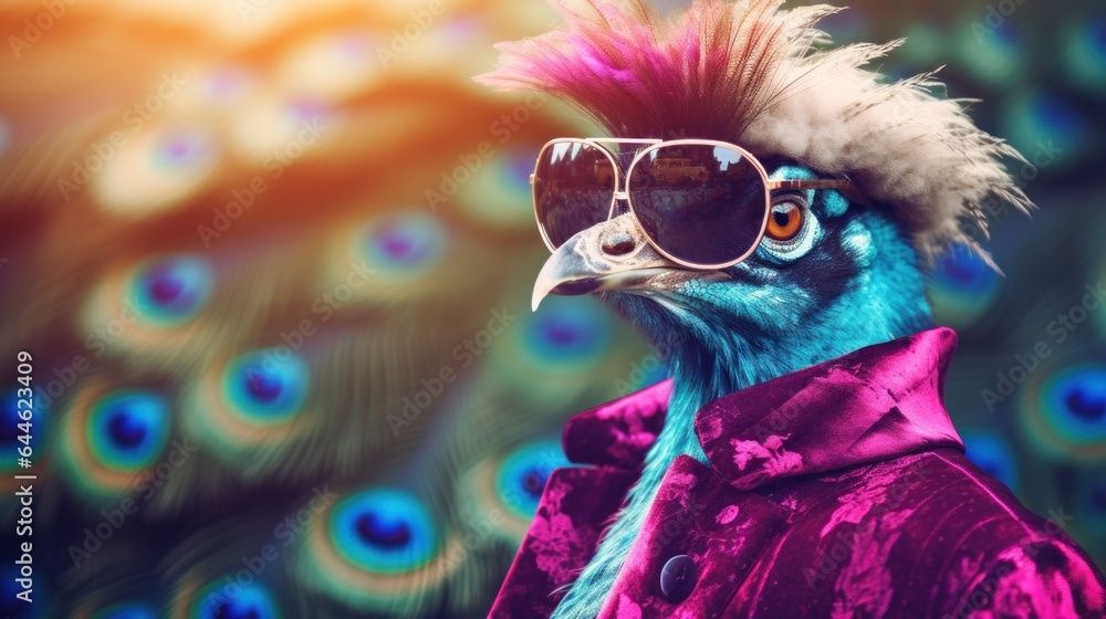 A bright-eyed bird wearing sunglasses and a vibrant purple jacket boldly strides through the outdoors, ready to take on the world