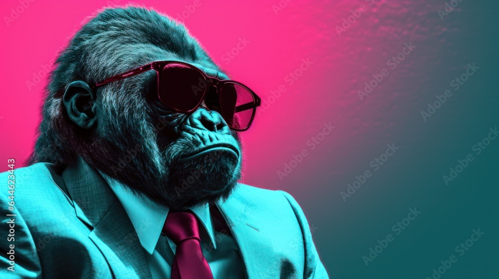 A mysterious figure in a suit and sunglasses stands out among the crowd, strumming a tune on a guitar and showing that even gorillas can be fashionable A mysterious figure in a suit and sunglasses stands out among the crowd, strumming a tune on a guitar and showing that even gorillas can be fashionable