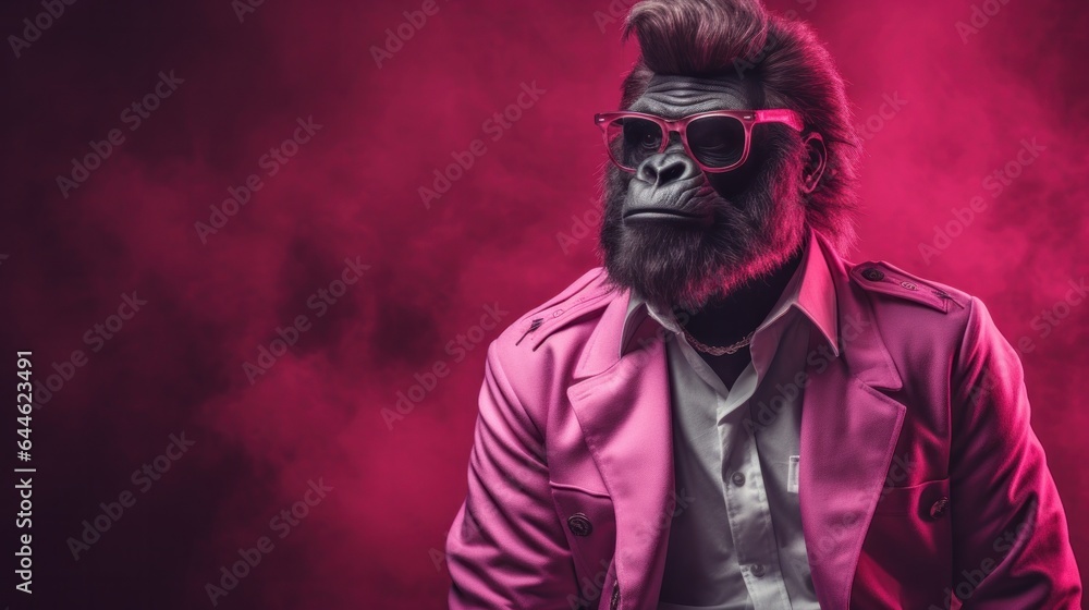 At a maroon-clad concert, a horror-inducing sight of a person wearing pink sunglasses and a pink coat like a gorilla strikes fear into the hearts of onlookers - obrazy, fototapety, plakaty 