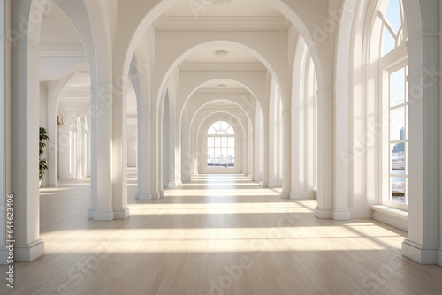 A symphony of light and shadows dance around the grandeur of the room, inviting the viewer to appreciate its stunning architecture, featuring elegant arched windows, impressive columns, and ornate mo