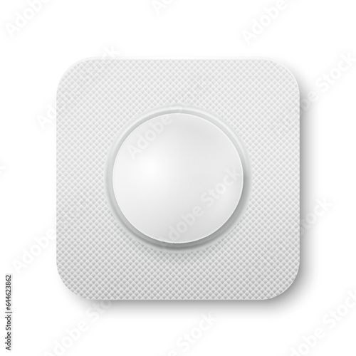 Vector Realistic Pharmaceutical Medical White Pill in Blister, Vitamins, Tablet in a Package Closeup Isolated. Pill in Blister Packaging Design Template. Front, Top View. Medicine, Health Concept