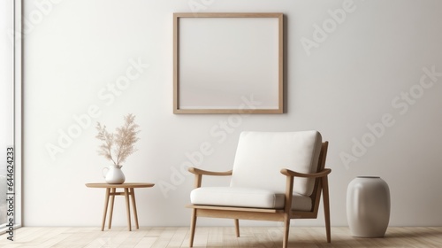 Wooden picture frame on minimalist Scandinavian style furniture
