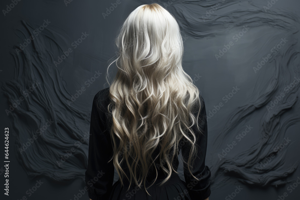 A girl with white hair stands with her back, black wall A girl with white hair stands with her back, black wall