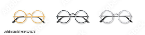Round Golden, Silver and black frame glasses set isolated, Transparent Sunglasses Accessory. Optics lens vintage Trendy Glasses. Vector