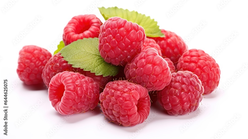 Raspberry: raspberries with greewn leaves and white background Raspberry: raspberries with greewn leaves and white background
