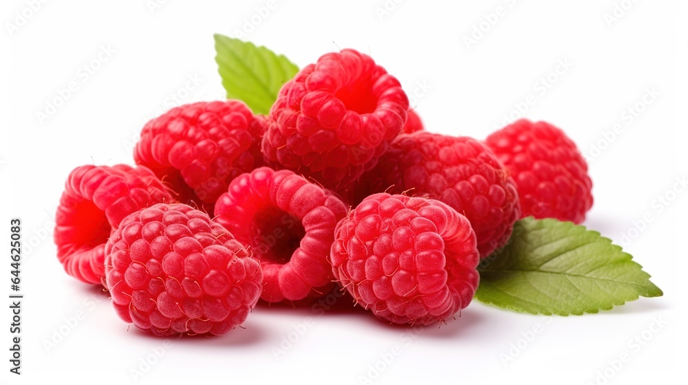 Raspberry: raspberries with greewn leaves and white background Raspberry: raspberries with greewn leaves and white background
