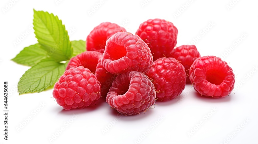 Raspberry: raspberries with greewn leaves and white background Raspberry: raspberries with greewn leaves and white background