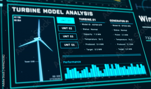 Futuristic wind turbine energy control center interface design, digital data network battery management system, green renewable power technology software, engineering iot HUD information 3d rendering