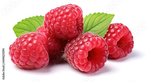 Raspberry  raspberries with greewn leaves and white background