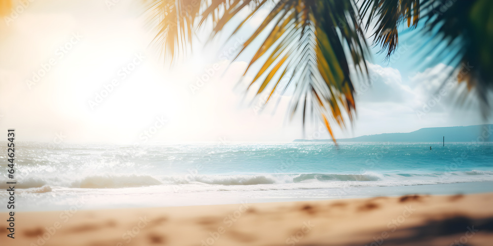 Blurred background of the sea and palm trees.  Vacation and recreation.