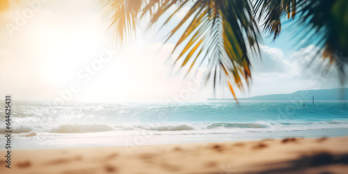 Blurred background of the sea and palm trees. Vacation and recreation.