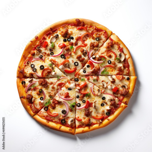Sliced fresh italian pizza with sliced olives and onion on white background