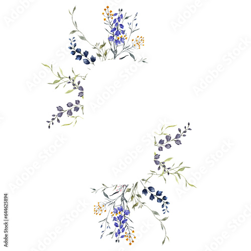 Frame with watercolor purple flowers  wildflowers  meadow herbs and grass  isolated on white background