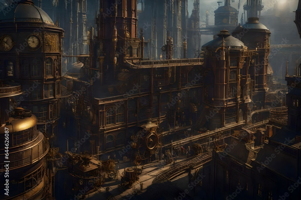 a bustling steampunk city with towering brass skyscrapers, intricate clockwork mechanisms, and airships soaring above - AI Generative a bustling steampunk city with towering brass skyscrapers, intricate clockwork mechanisms, and airships soaring above - AI Generative