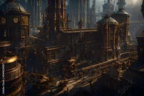 a bustling steampunk city with towering brass skyscrapers, intricate clockwork mechanisms, and airships soaring above - AI Generative