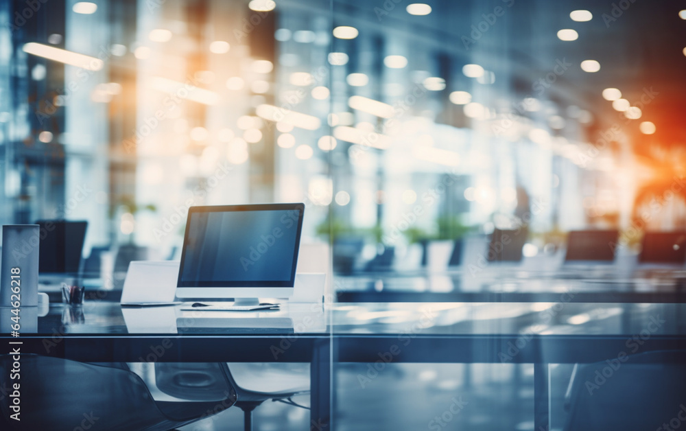 Naklejka premium Blur background of empty modern office background in city center workspace interior design