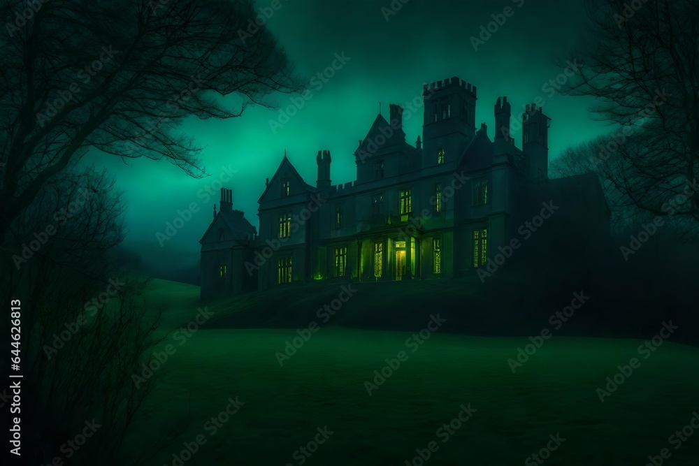 A desolate, haunted manor, surrounded by a sea of vibrant green hills and ancient trees - AI Generative