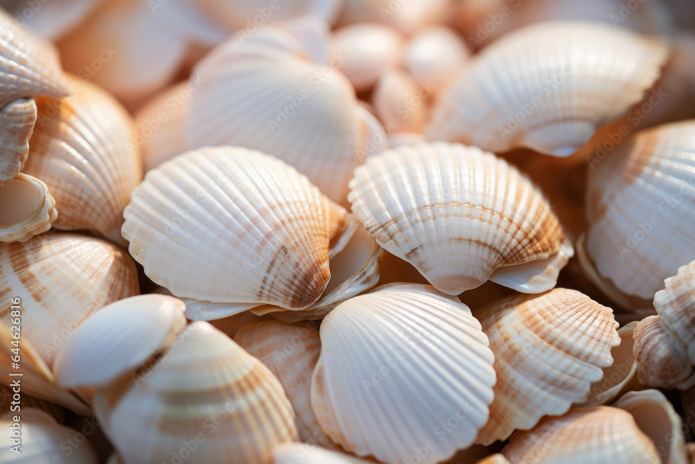 White and beige closeup macro background of seashells laying on beach in sunny day. Ocean underwater life concept