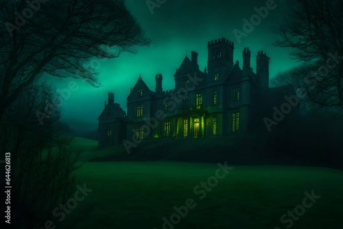 A desolate, haunted manor, surrounded by a sea of vibrant green hills and ancient trees - AI Generative