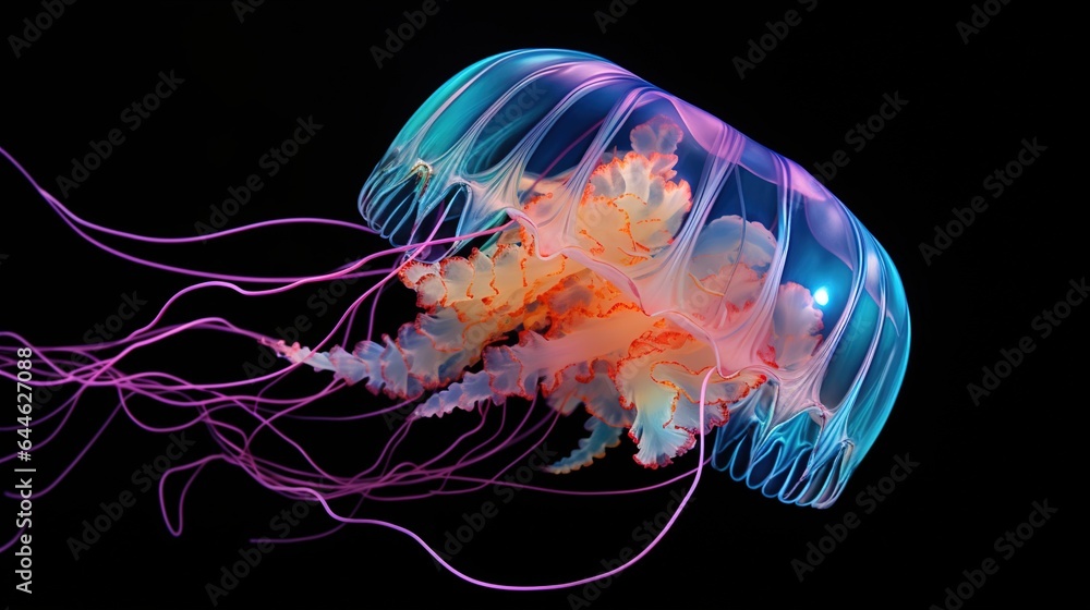Fototapeta premium ocean life: glowing jellyfish, deep sea, light in the dark