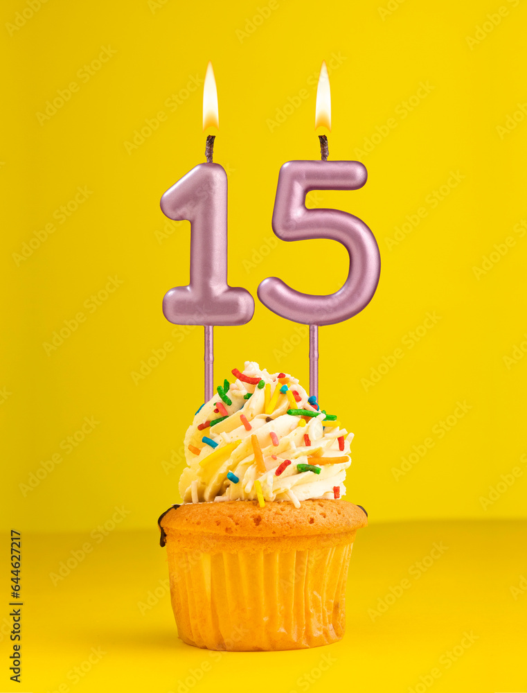 Number 15 candle Birthday card design in yellow background StockFoto Adobe Stock