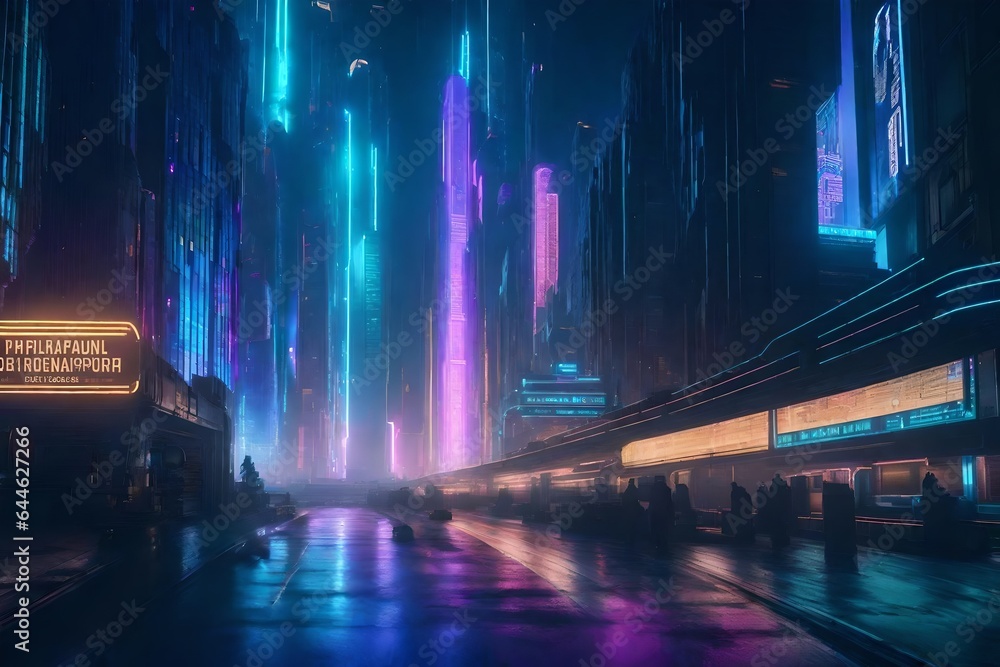 a futuristic cyberpunk metropolis with neon-lit skyscrapers, holographic billboards, and bustling streets filled with cyber-enhanced characters - AI Generative