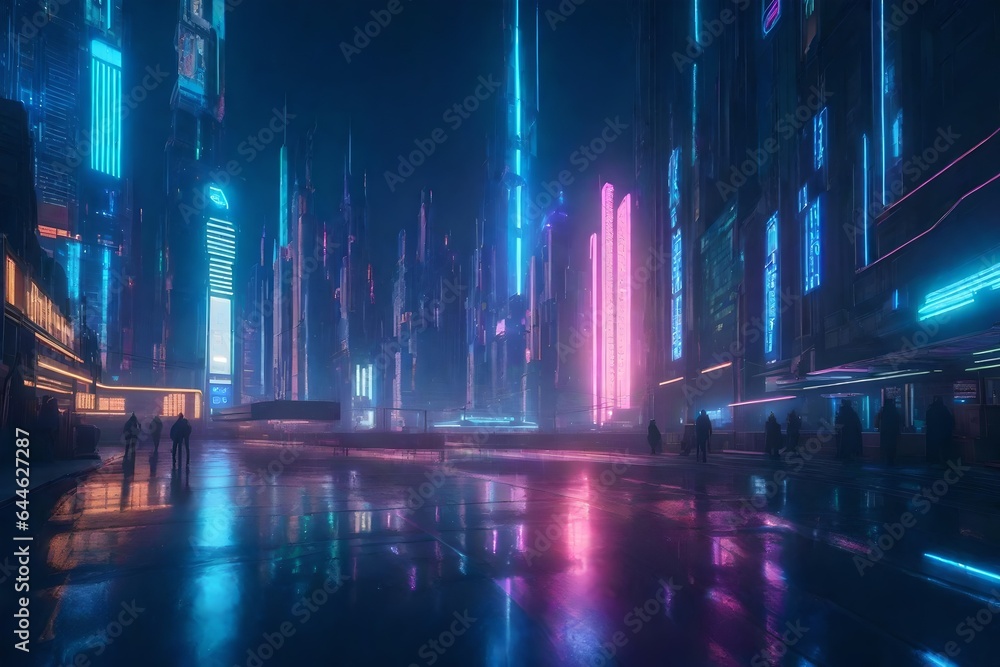 a futuristic cyberpunk metropolis with neon-lit skyscrapers, holographic billboards, and bustling streets filled with cyber-enhanced characters - AI Generative a futuristic cyberpunk metropolis with neon-lit skyscrapers, holographic billboards, and bustling streets filled with cyber-enhanced characters - AI Generative