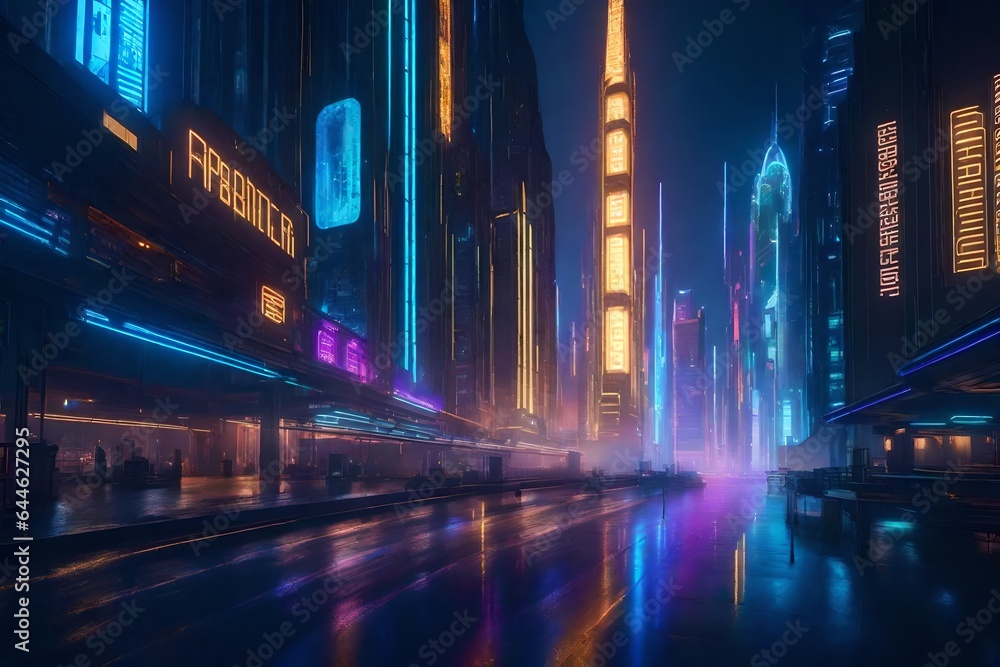 a futuristic cyberpunk metropolis with neon-lit skyscrapers, holographic billboards, and bustling streets filled with cyber-enhanced characters - AI Generative
