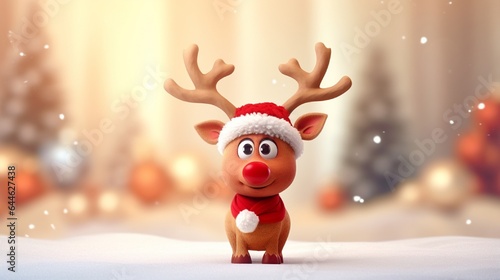 Fotografie, Tablou Reindeer toy with red nose Christmas background concept