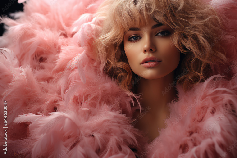 Fashion editorial Concept. Closeup portrait of stunning pretty woman with chiseled features, surround in pink soft feathers boa. illuminated with dynamic composition and dramatic lighting. copy spac