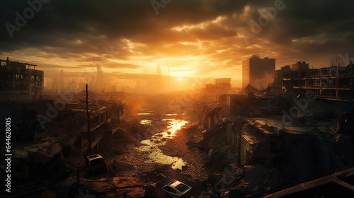 photo shoot, postapocalyptic end of the world, sunset, burning city. Generative AI