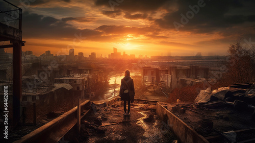 photo shoot, postapocalyptic end of the world, sunset, burning city. Generative AI