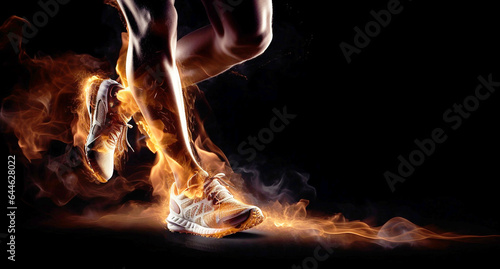Sport. Runner. Side view of a jogger legs with the power in the veins isolated on black. Fire and energy. generative AI photo