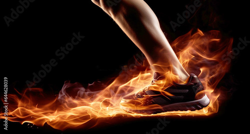 Sport. Runner. Side view of a jogger legs with the power in the veins isolated on black. Fire and energy. generative AI