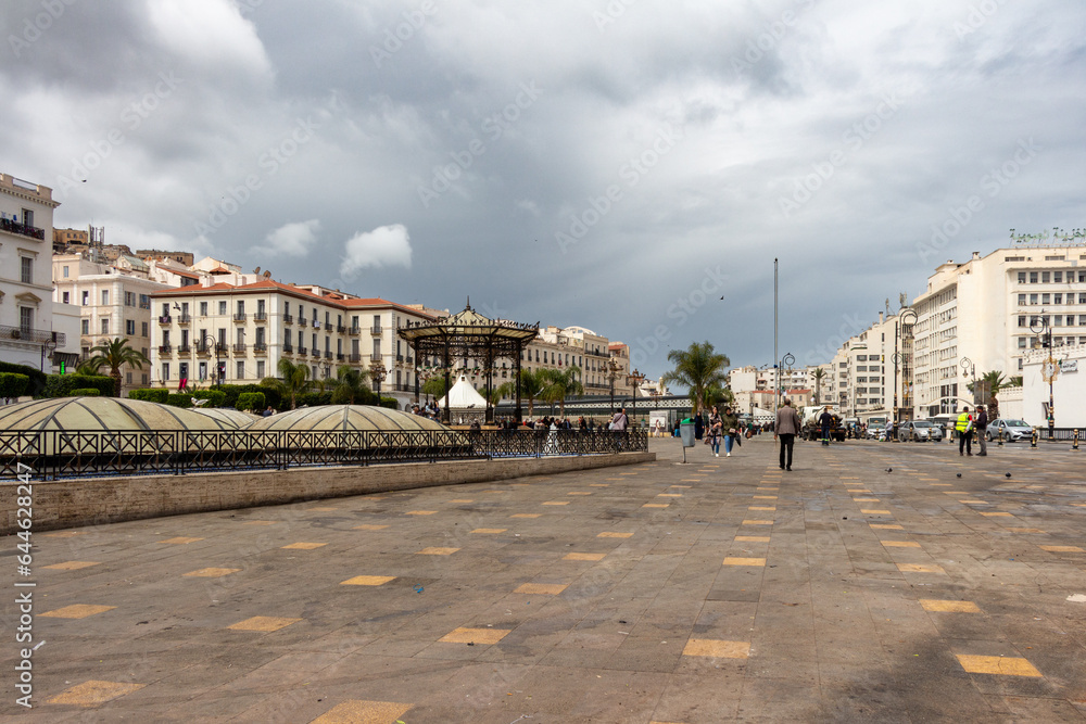Alger, Algiers, Algeria, 04 19 2023 : every day life on the Place des Martyrs (English : Martyrs' Square). Cloudy sky.
