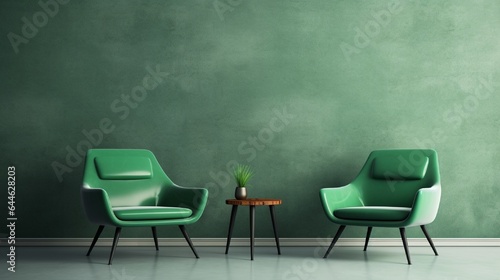 Two armchairs and green concrete wall background. Modern interior design.