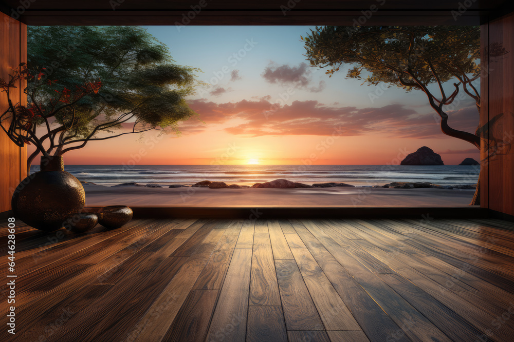 Creative interior concept. Wide large window oak wooden room gallery opening to beach sunset landscape. Template for product presentation.