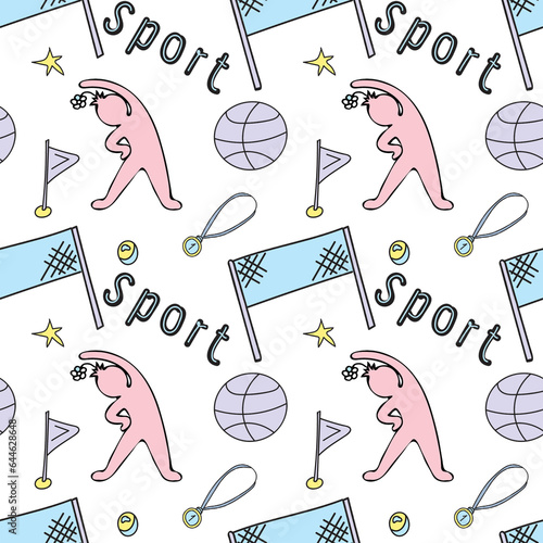 Pattern of sport elements football made in doodle style with lettering. Set Doodle lettering sport for banner design. Cute cartoon character.