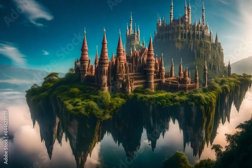 an ethereal floating castle high in the sky with majestic spires, intricate bridges, and lush hanging gardens - AI Generative