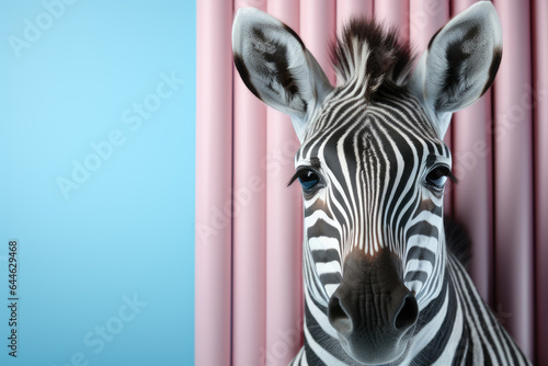 Creative animal concept. Zebra peeking over pastel bright background. advertisement  banner  card. copy text space. birthday party invite invitation