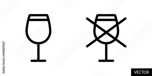 Wine drink glass, alcohol and do not drink, say no to alcohol, dont drink, prohibited icons in line style design for website, app, UI, isolated on white background. Editable stroke. Vector file.