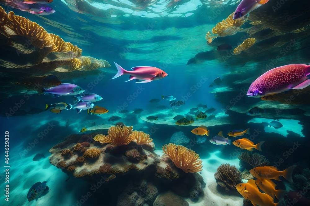 an underwater paradise teeming with vibrant coral reefs, exotic fish, and sunken treasure. Make the water crystal clear and capture the play of light beneath the surface - AI Generative an underwater paradise teeming with vibrant coral reefs, exotic fish, and sunken treasure. Make the water crystal clear and capture the play of light beneath the surface - AI Generative
