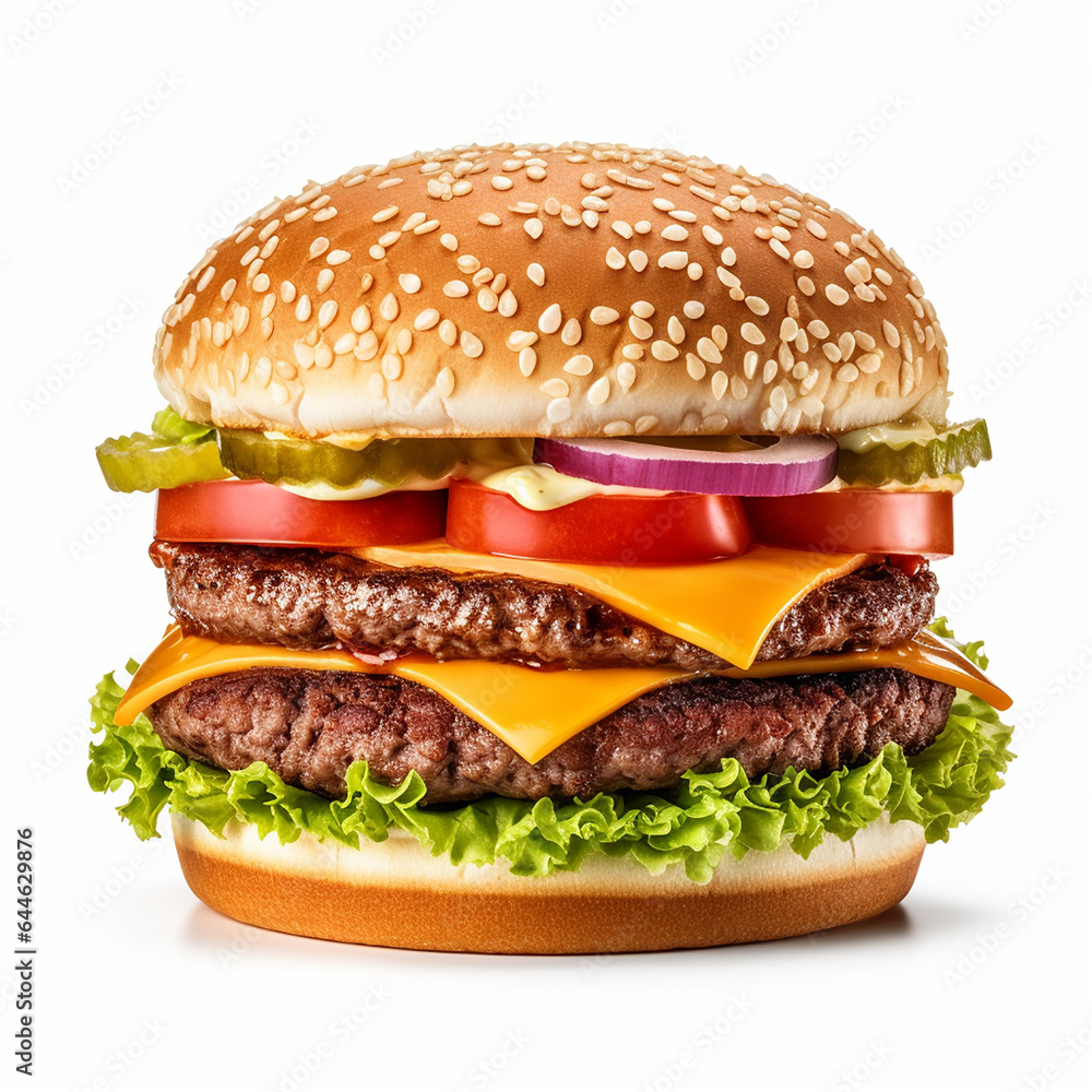 Tasty burger isolated on white background fresh hamburger fast food with beef, vegetables and cheese Tasty burger isolated on white background fresh hamburger fast food with beef, vegetables and cheese