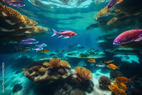 an underwater paradise teeming with vibrant coral reefs  exotic fish  and sunken treasure. Make the water crystal clear and capture the play of light beneath the surface - AI Generative