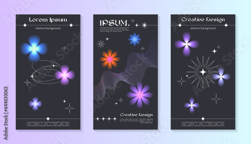 Vector insta story cosmic templates with linear shapes,blurred sparkles in 90s style.Smm banners in y2k aesthetic.Futuristic designs for social media marketing,branding,packaging