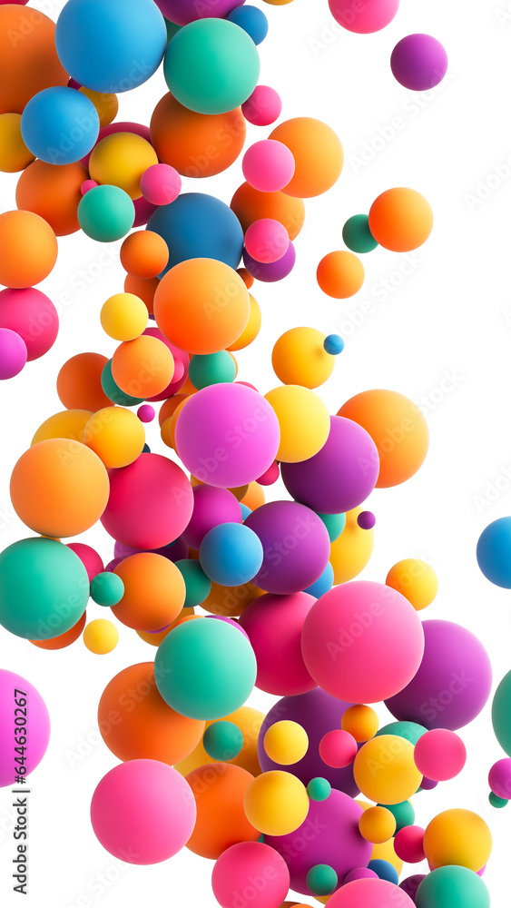 Abstract composition with many colorful random flying spheres isolated on transparent background. Colorful rainbow matte soft balls in different sizes. PNG file