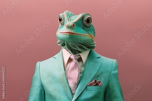 Chameleon in a green jacket and tie